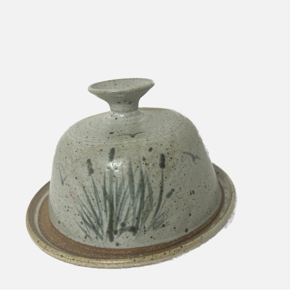 Studio Art Pottery Cheese Butter Covered Dish Speckled Floral Brown Large Signed